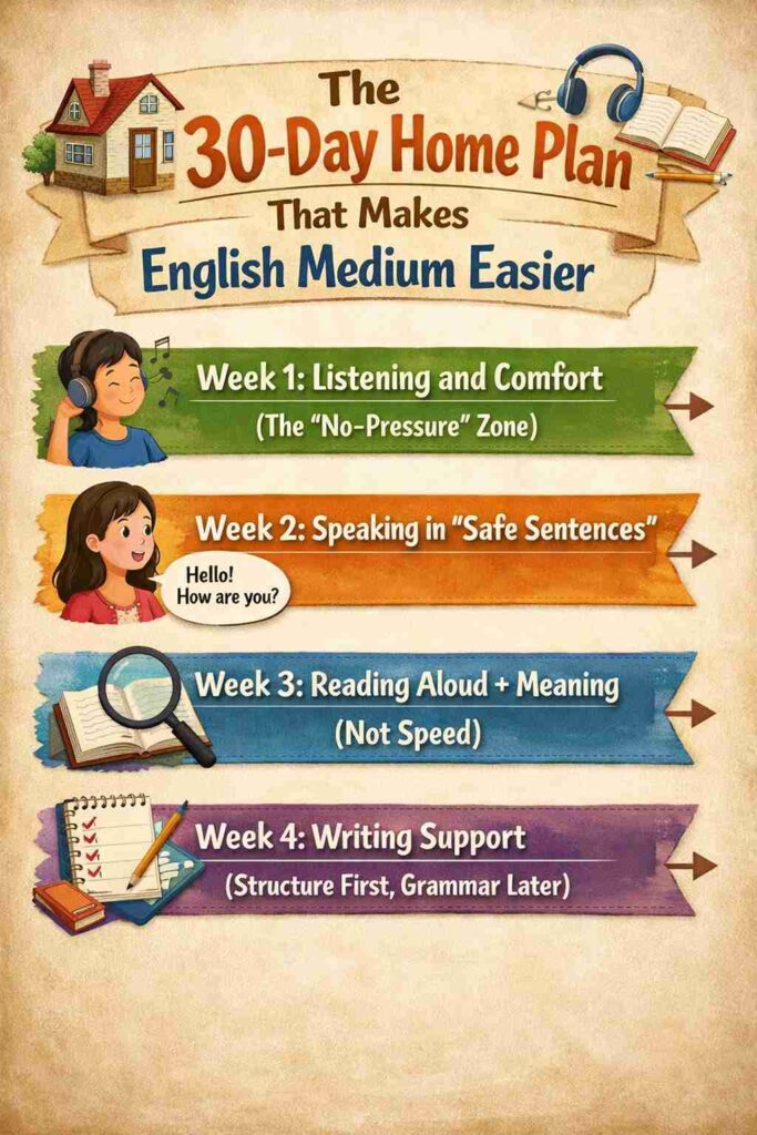 30-day home plan infographic for improving English medium skills with weekly listening, speaking, reading, and writing practice