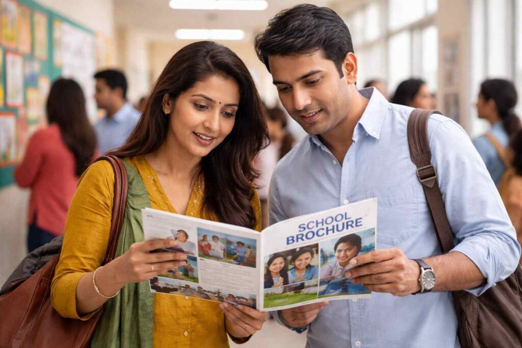 Parents reviewing a school brochure together in a hallway, discussing admission options, with other parents and students in the background.