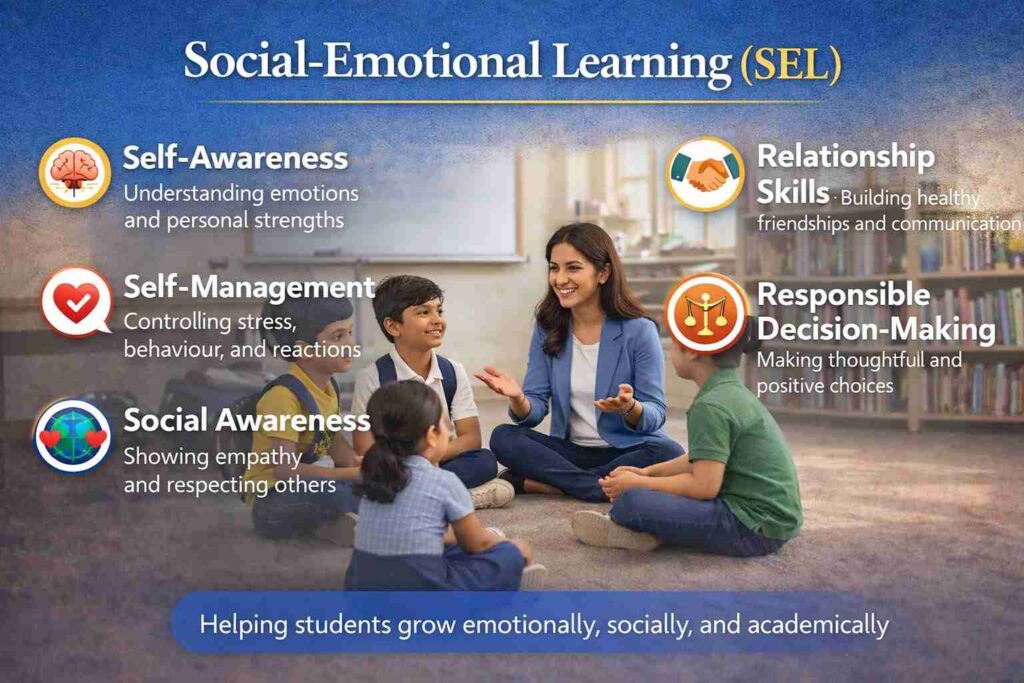 Social-Emotional Learning (SEL) program at a CBSE school in Kolkata helping students develop self-awareness, self-management, empathy, relationship skills, and responsible decision-making for holistic development and emotional well-being.