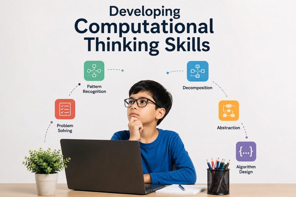 Student developing computational thinking skills through coding and problem-solving activities