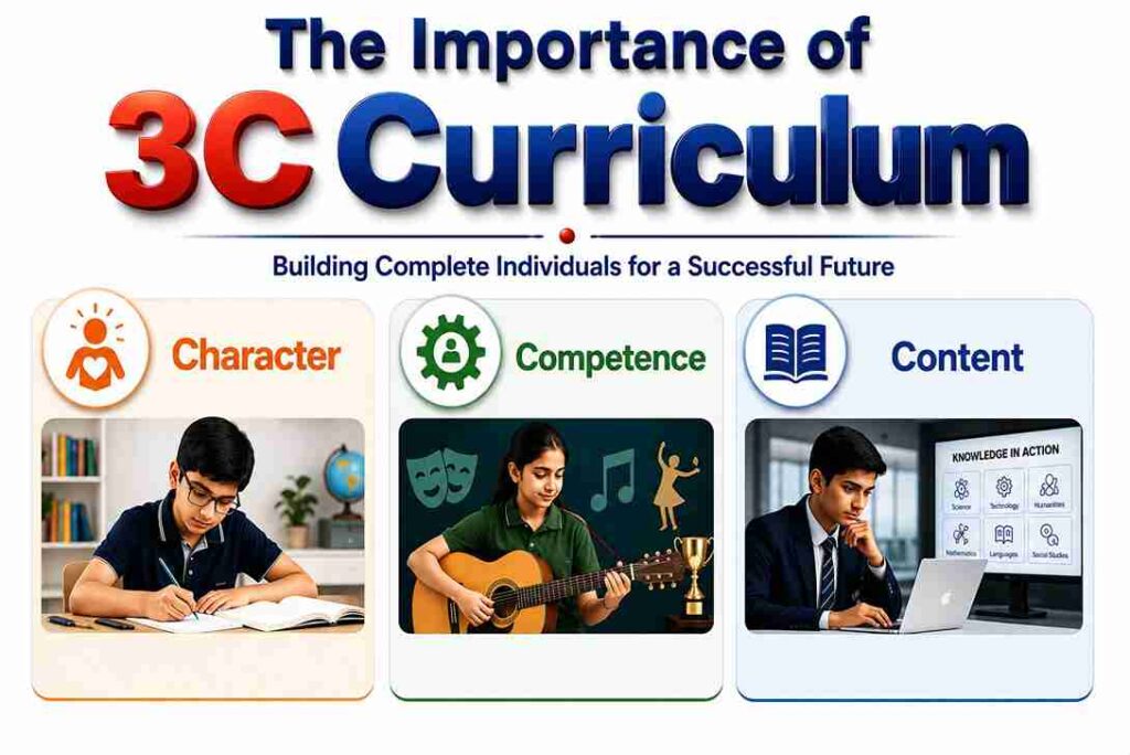3C Curriculum showing Character, Competence and Content as key pillars for holistic learning, practical skills and strong academic development in students.