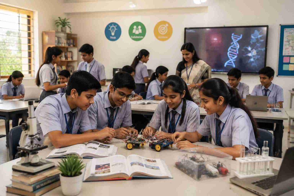 CBSE school students working together on a hands-on science and robotics activity in a modern classroom