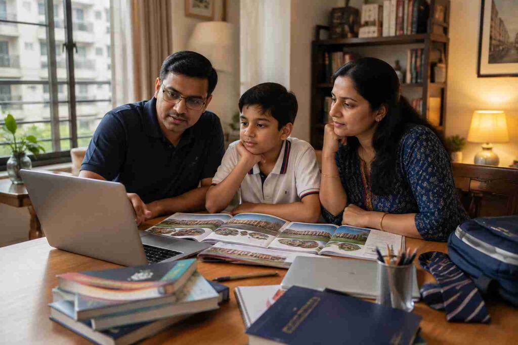 Parents and their school-going child comparing education options online