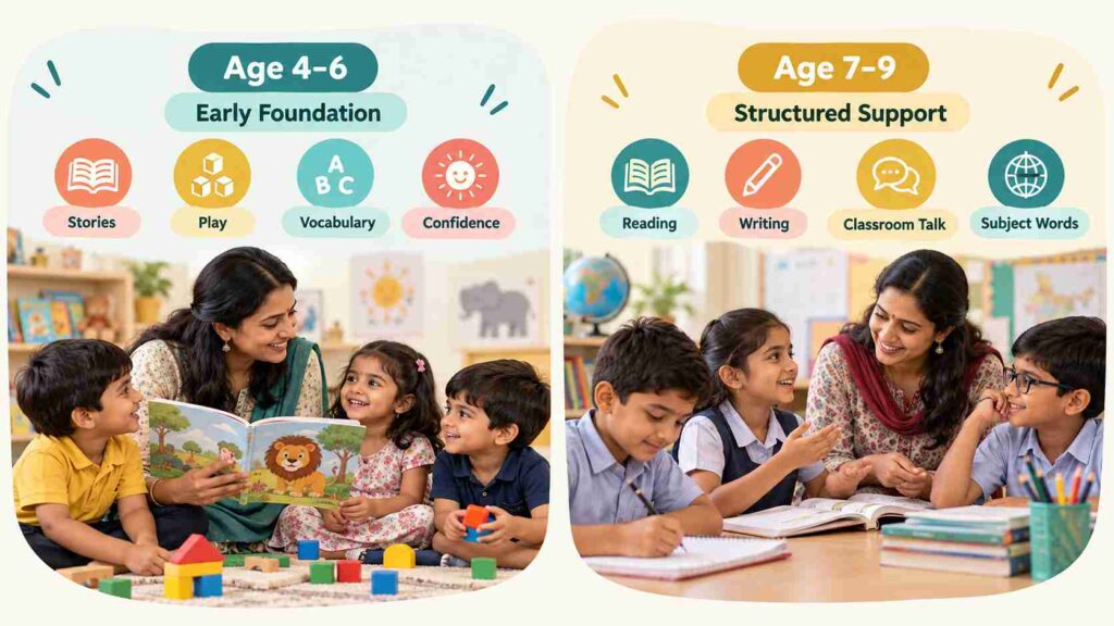 Infographic comparing English-medium school admission at ages 4–6 and 7–9, highlighting early learning through stories, play and vocabulary development versus structured reading, writing and classroom communication support.