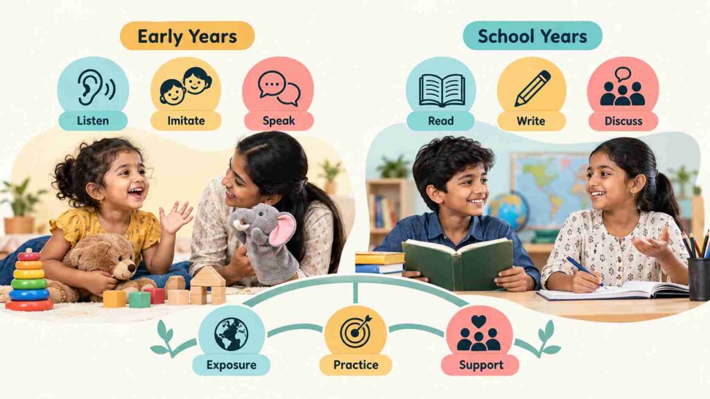Infographic illustrating child language development from early childhood to school years, showing listening, imitation, speaking, reading, writing and discussion skills supported by exposure, practice and encouragement.